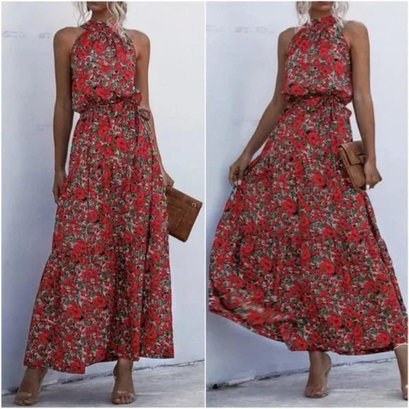 Boho Vibes Floral Print Ruffle Hem Belted Halter Dress red - Picture 2 of 2